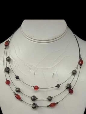 3 STRANDS FLOATING BURGUNDY AND 2 SILVER TONES JEWELS NECKLACE